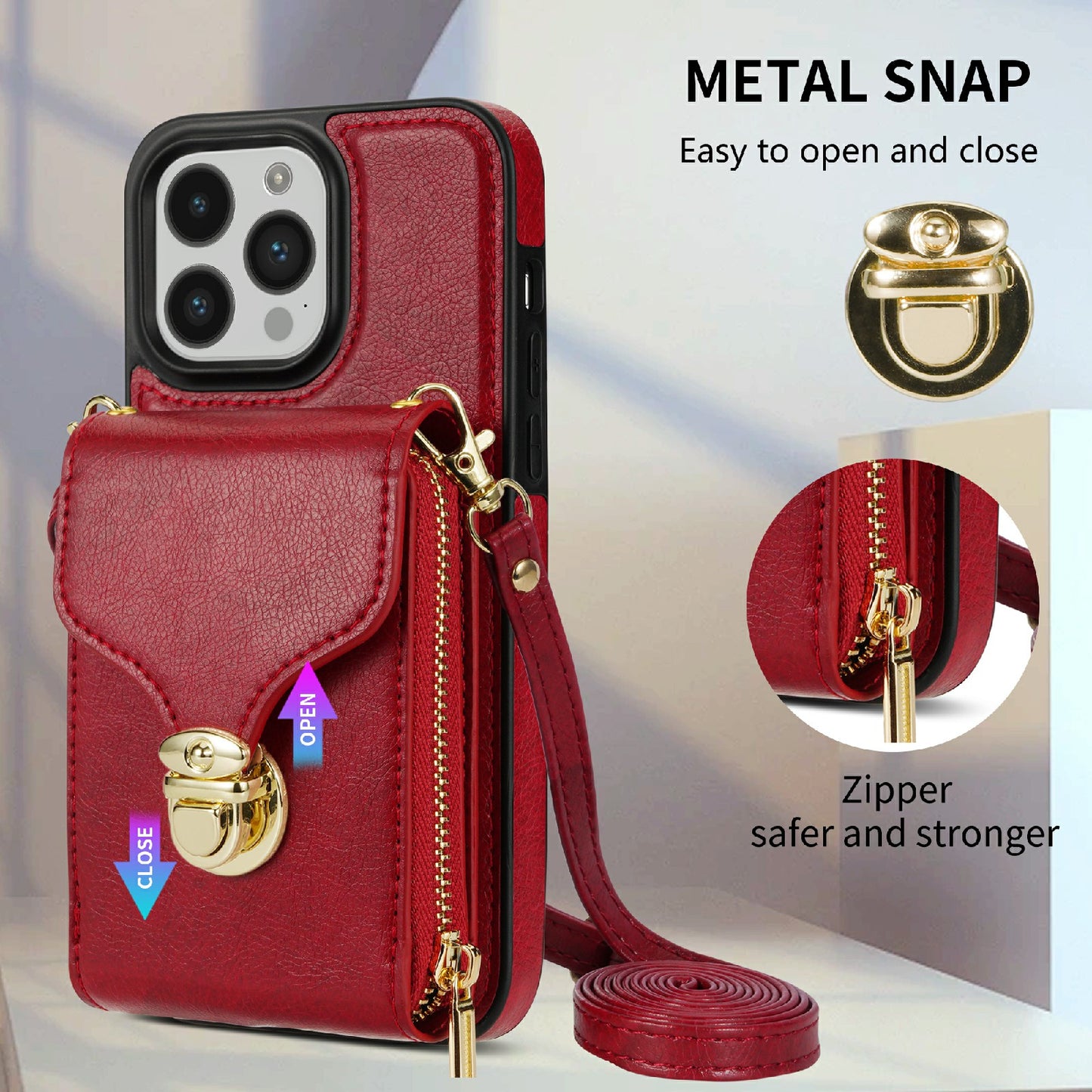 For iPhone 14 Pro Max PU Leather + TPU Kickstand Phone Case Card Slot Holder Zipper Bag Phone Cover