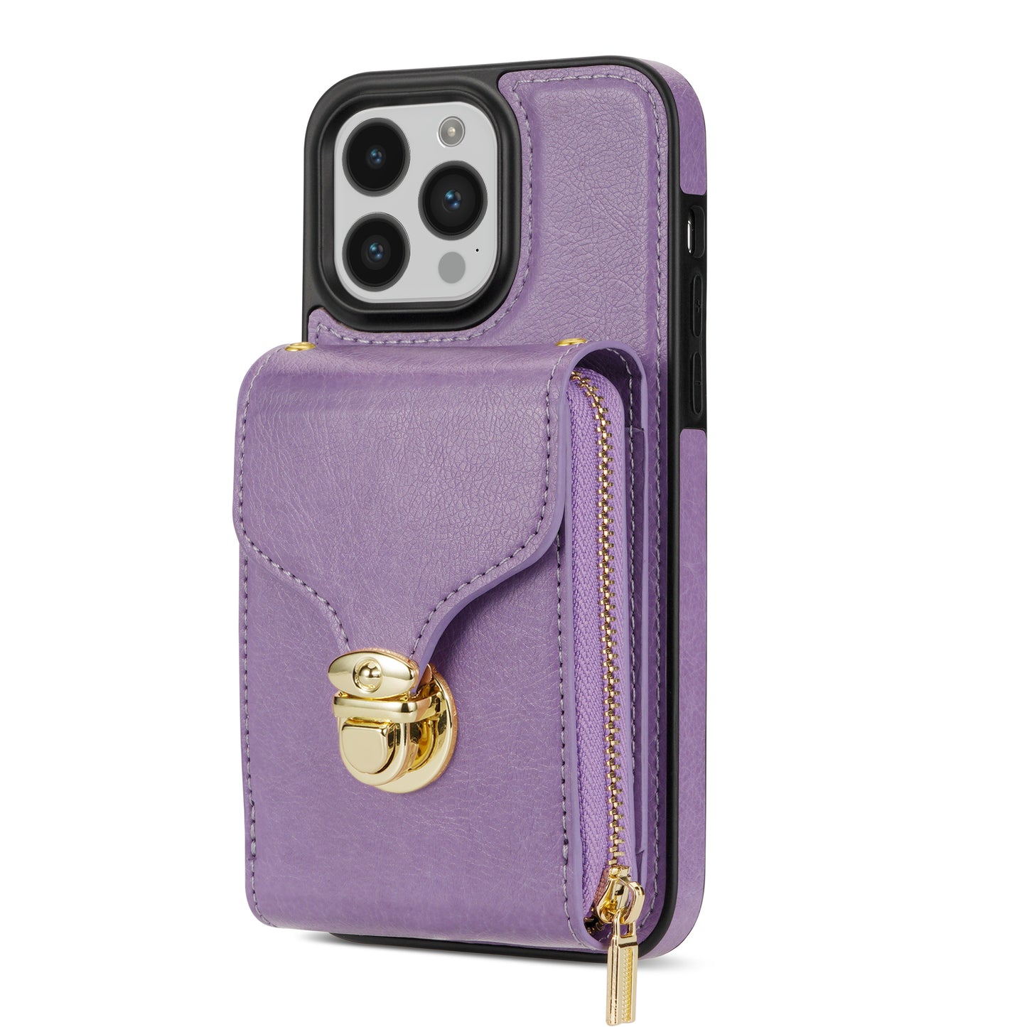 For iPhone 14 Pro Max PU Leather + TPU Kickstand Phone Case Card Slot Holder Zipper Bag Phone Cover