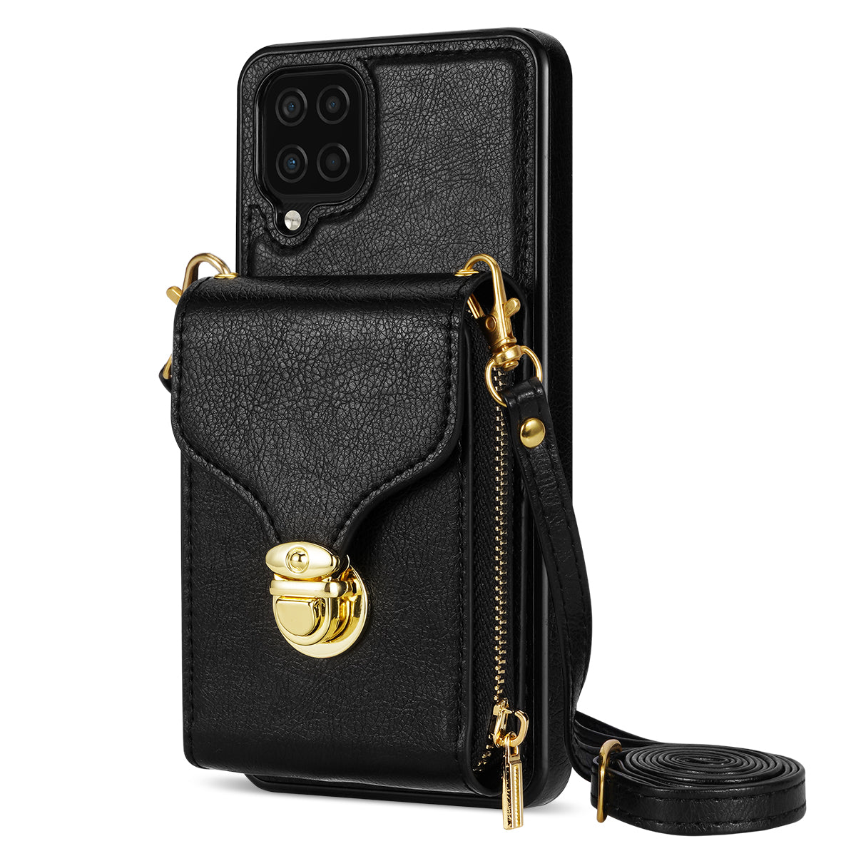For Samsung Galaxy A12 Zipper Card Holder Bag Phone Case PU Leather Coated TPU Kickstand Cover