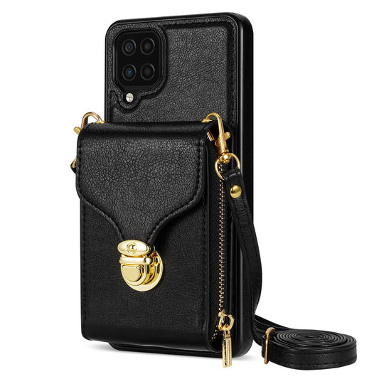 For Samsung Galaxy A12 Zipper Card Holder Bag Phone Case PU Leather Coated TPU Kickstand Cover