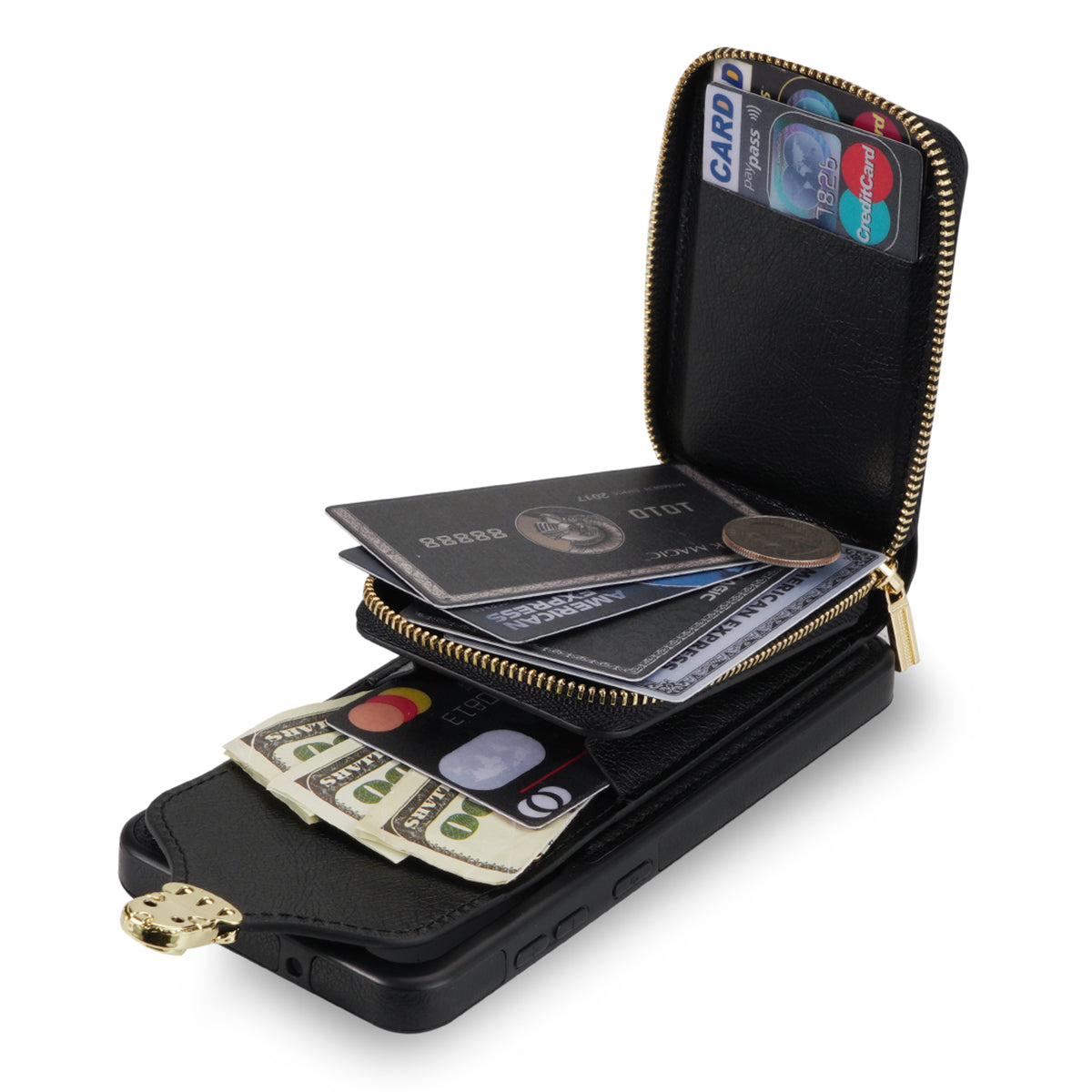 For Samsung Galaxy A12 Zipper Card Holder Bag Phone Case PU Leather Coated TPU Kickstand Cover