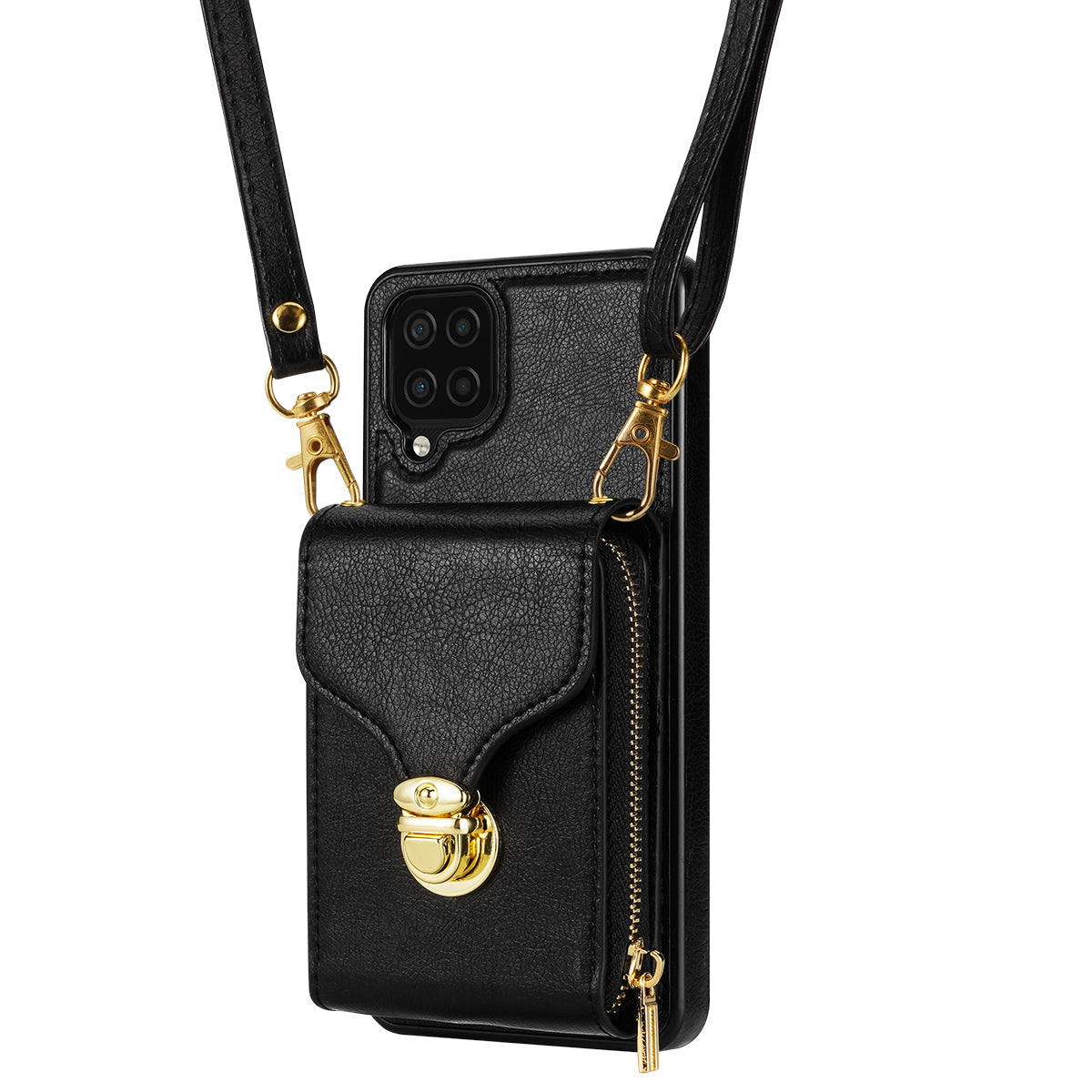 For Samsung Galaxy A12 Zipper Card Holder Bag Phone Case PU Leather Coated TPU Kickstand Cover