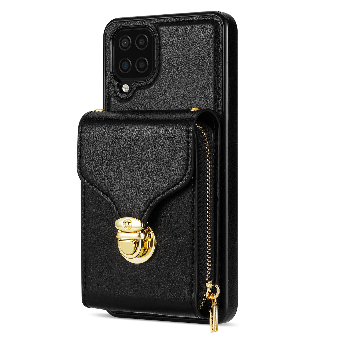 For Samsung Galaxy A12 Zipper Card Holder Bag Phone Case PU Leather Coated TPU Kickstand Cover