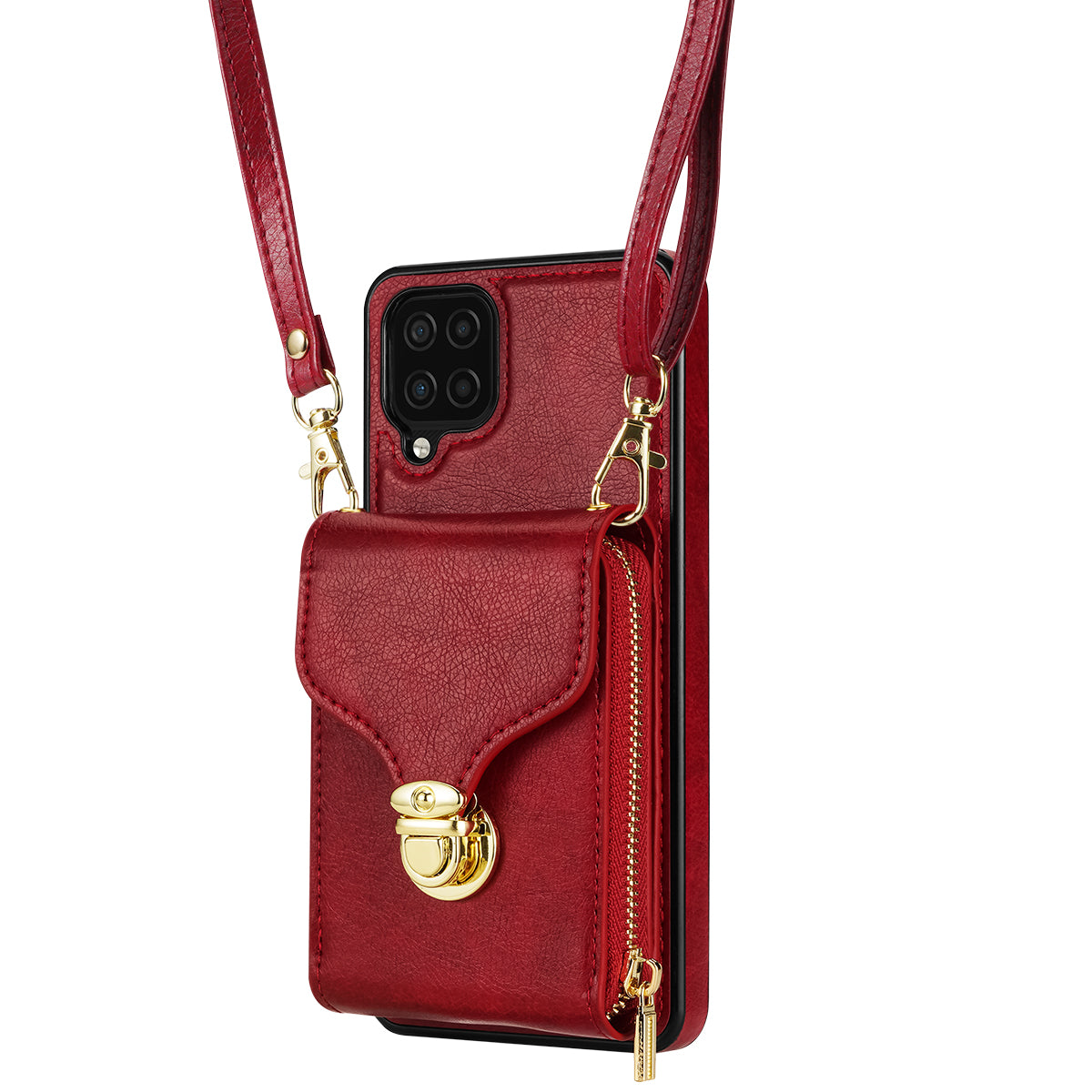 For Samsung Galaxy A12 Zipper Card Holder Bag Phone Case PU Leather Coated TPU Kickstand Cover