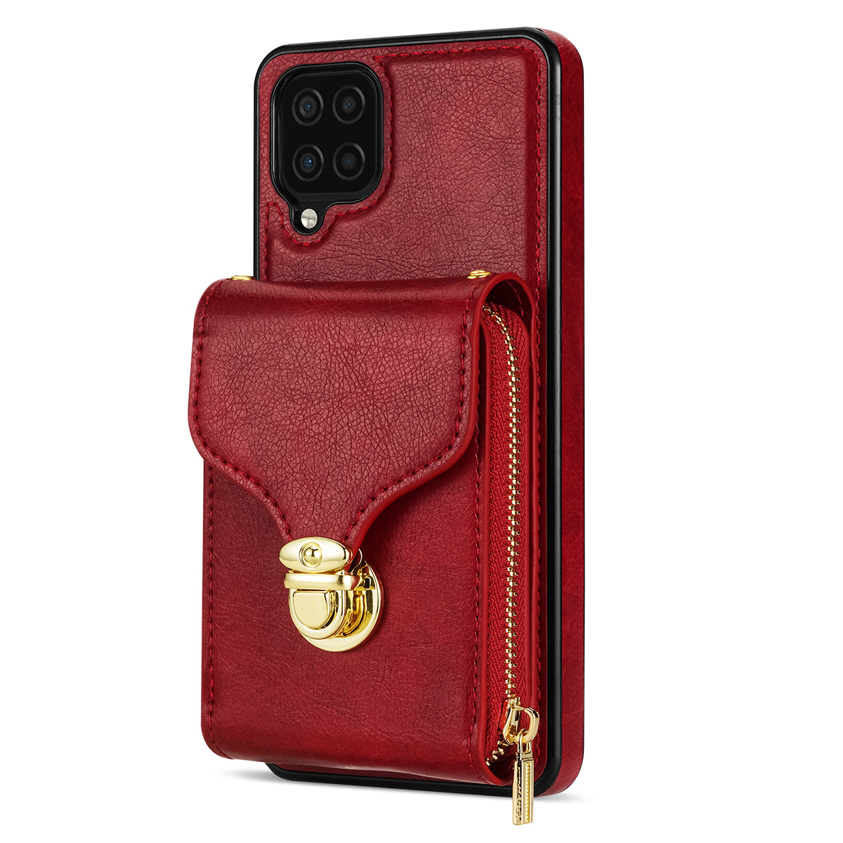 For Samsung Galaxy A12 Zipper Card Holder Bag Phone Case PU Leather Coated TPU Kickstand Cover