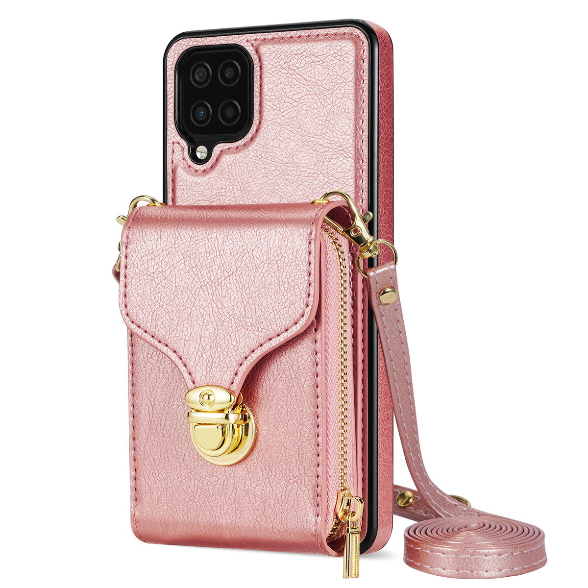 For Samsung Galaxy A12 Zipper Card Holder Bag Phone Case PU Leather Coated TPU Kickstand Cover