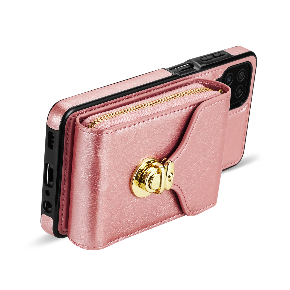 For Samsung Galaxy A12 Zipper Card Holder Bag Phone Case PU Leather Coated TPU Kickstand Cover