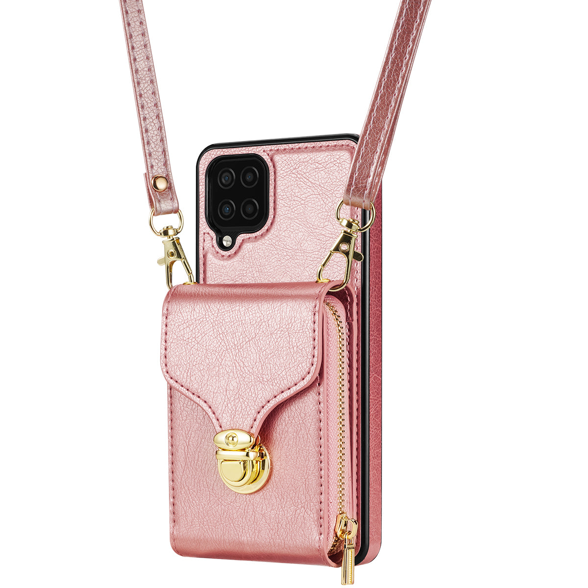 For Samsung Galaxy A12 Zipper Card Holder Bag Phone Case PU Leather Coated TPU Kickstand Cover