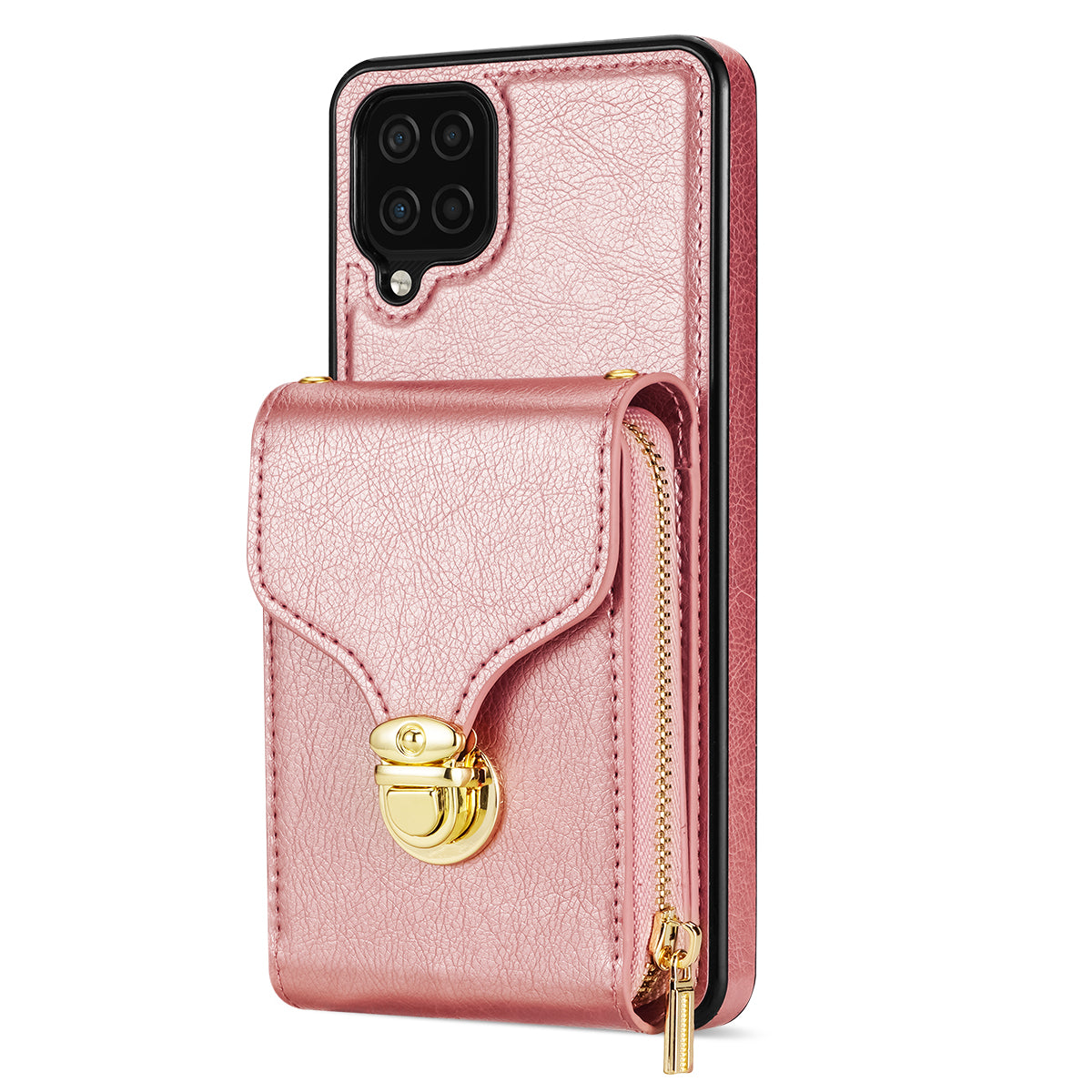 For Samsung Galaxy A12 Zipper Card Holder Bag Phone Case PU Leather Coated TPU Kickstand Cover
