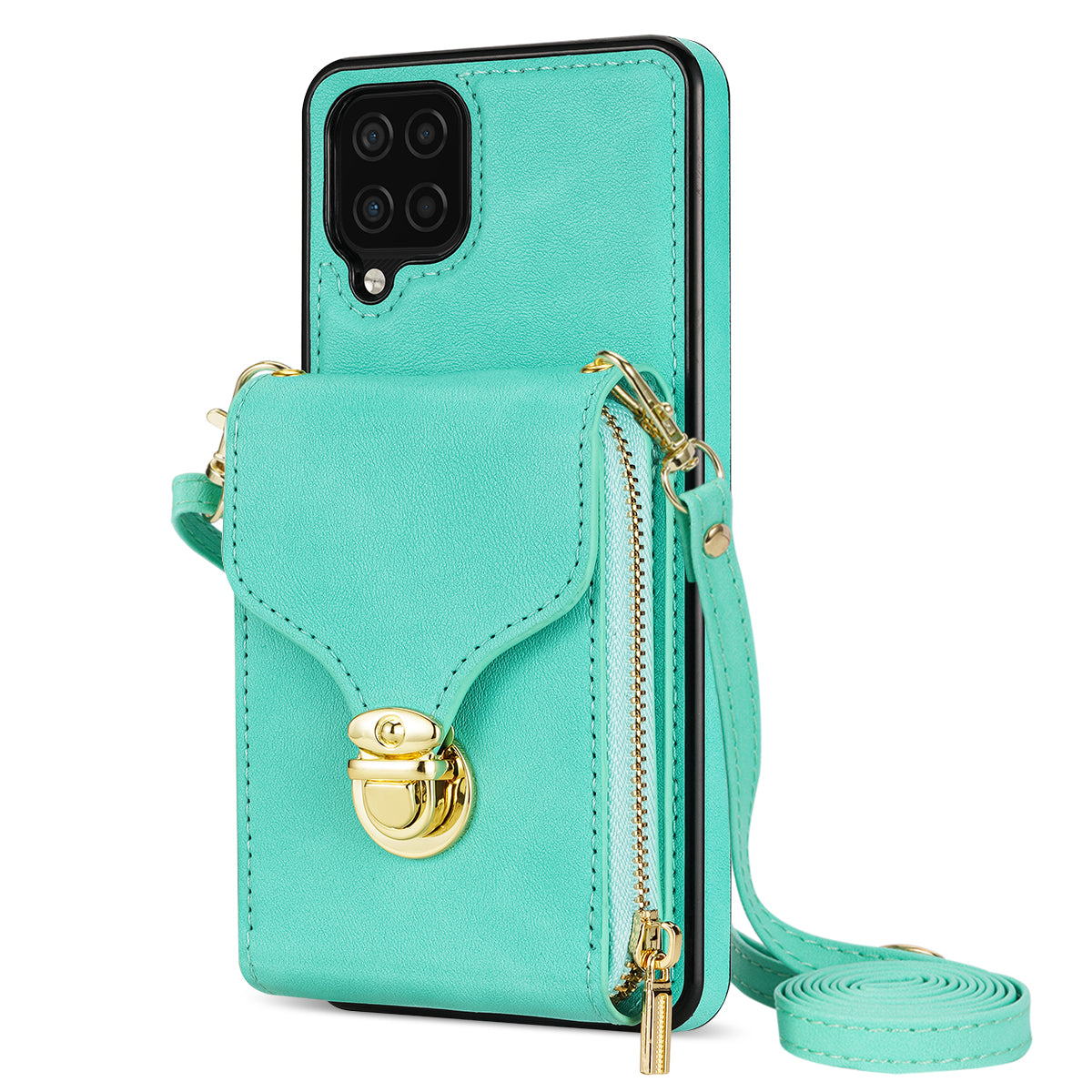 For Samsung Galaxy A12 Zipper Card Holder Bag Phone Case PU Leather Coated TPU Kickstand Cover