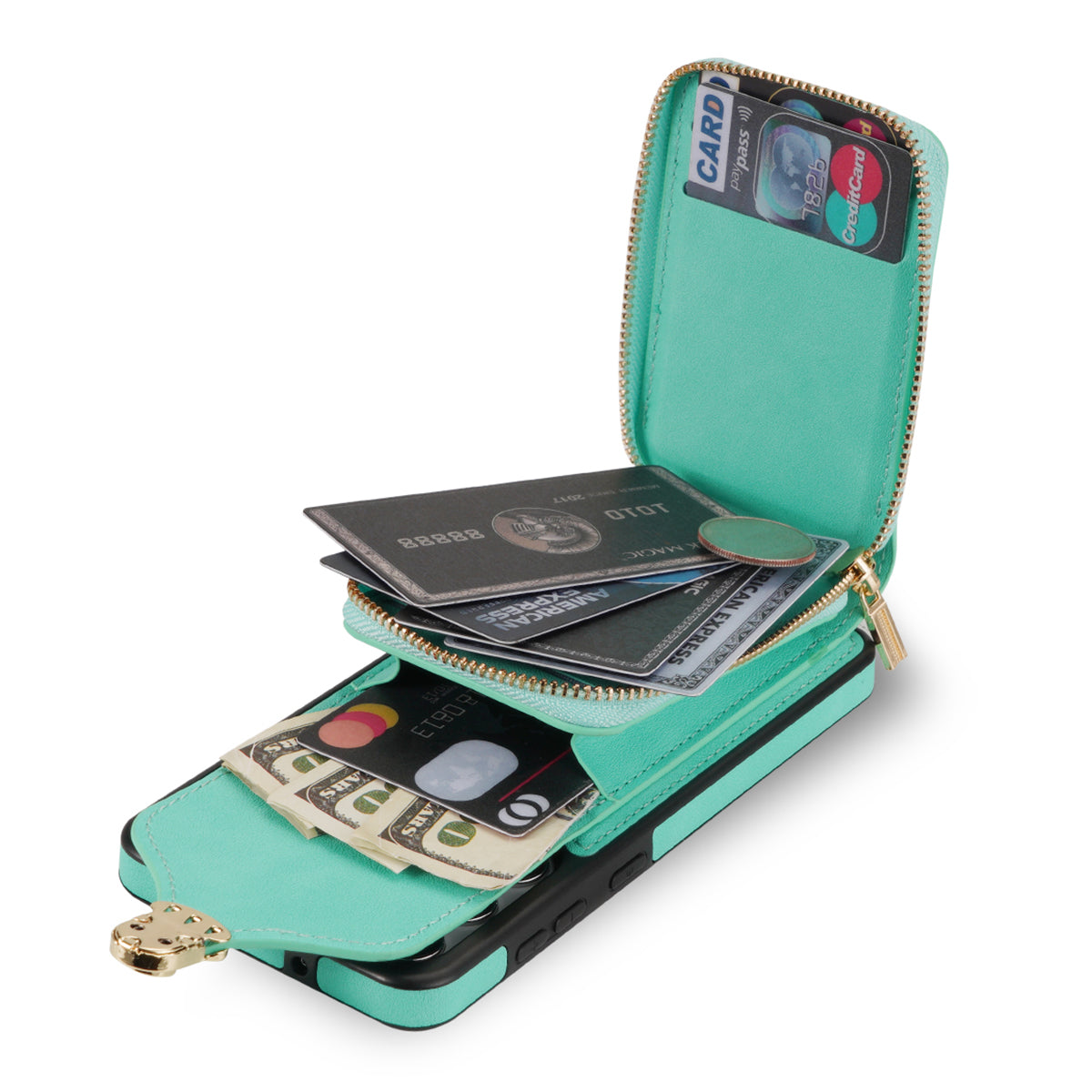 For Samsung Galaxy A12 Zipper Card Holder Bag Phone Case PU Leather Coated TPU Kickstand Cover