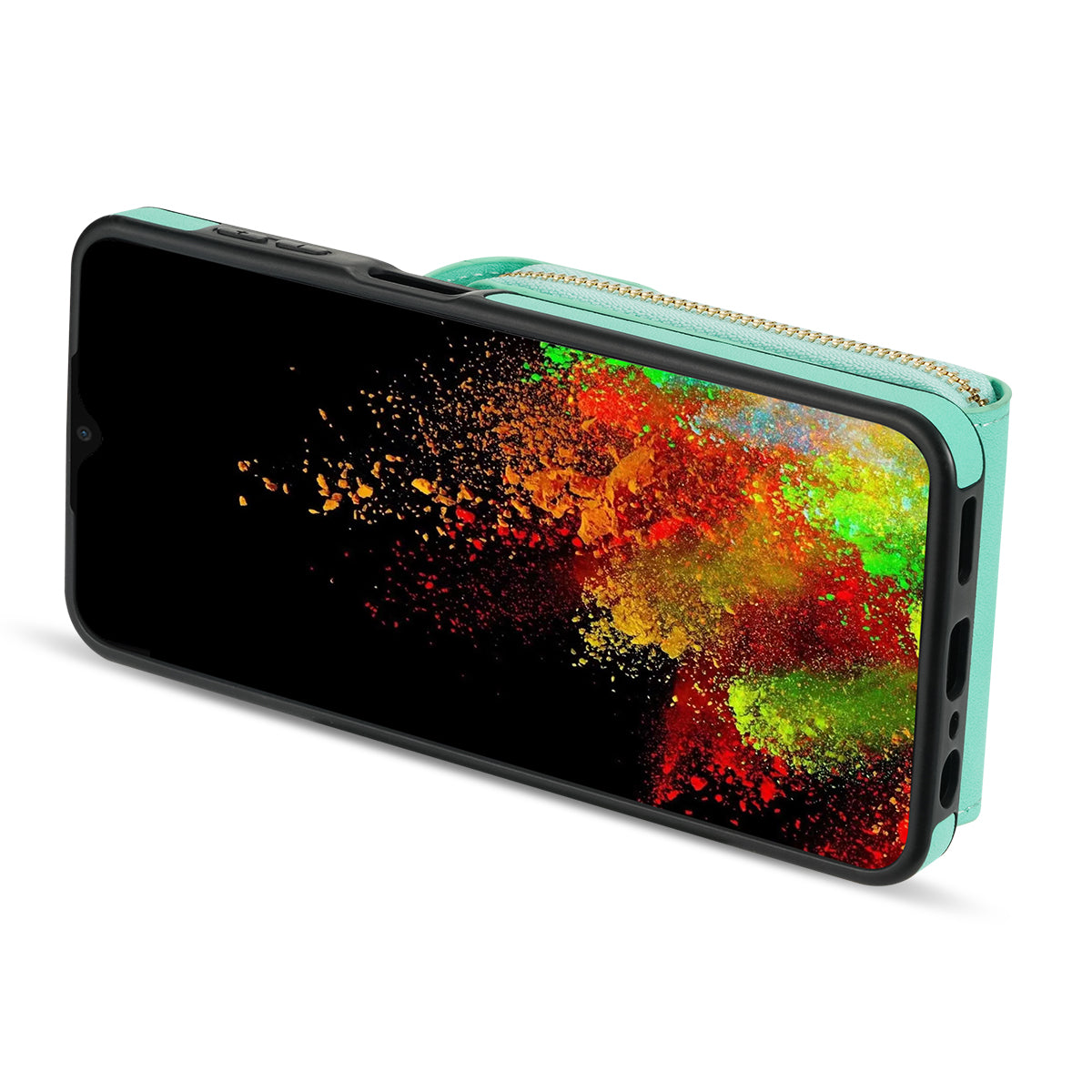 For Samsung Galaxy A12 Zipper Card Holder Bag Phone Case PU Leather Coated TPU Kickstand Cover