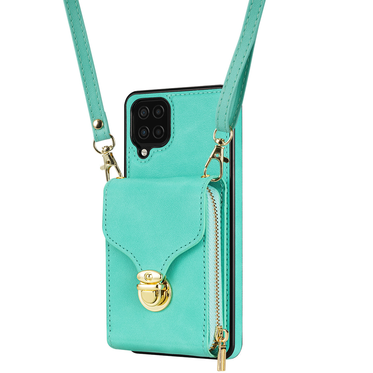 For Samsung Galaxy A12 Zipper Card Holder Bag Phone Case PU Leather Coated TPU Kickstand Cover
