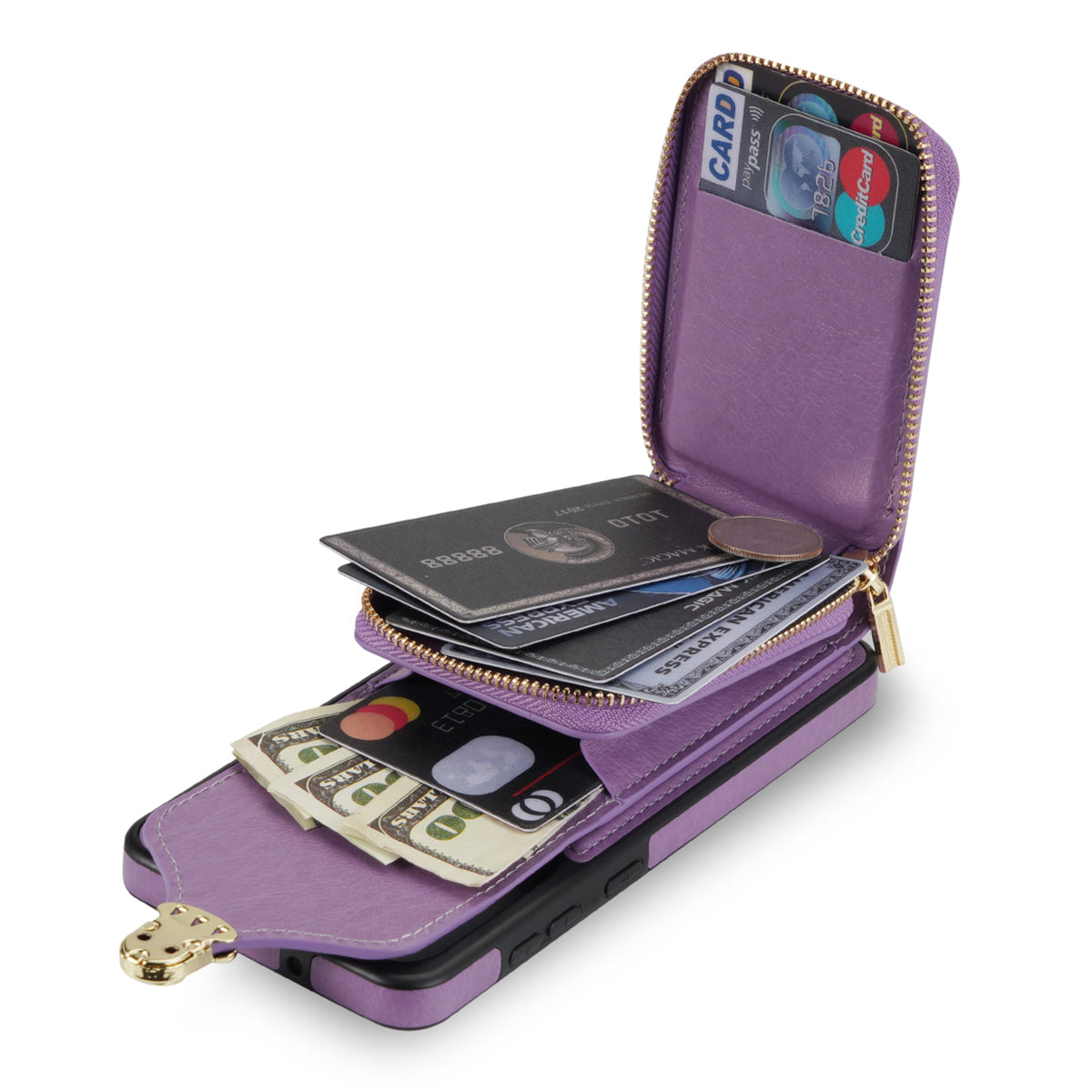 For Samsung Galaxy A12 Zipper Card Holder Bag Phone Case PU Leather Coated TPU Kickstand Cover