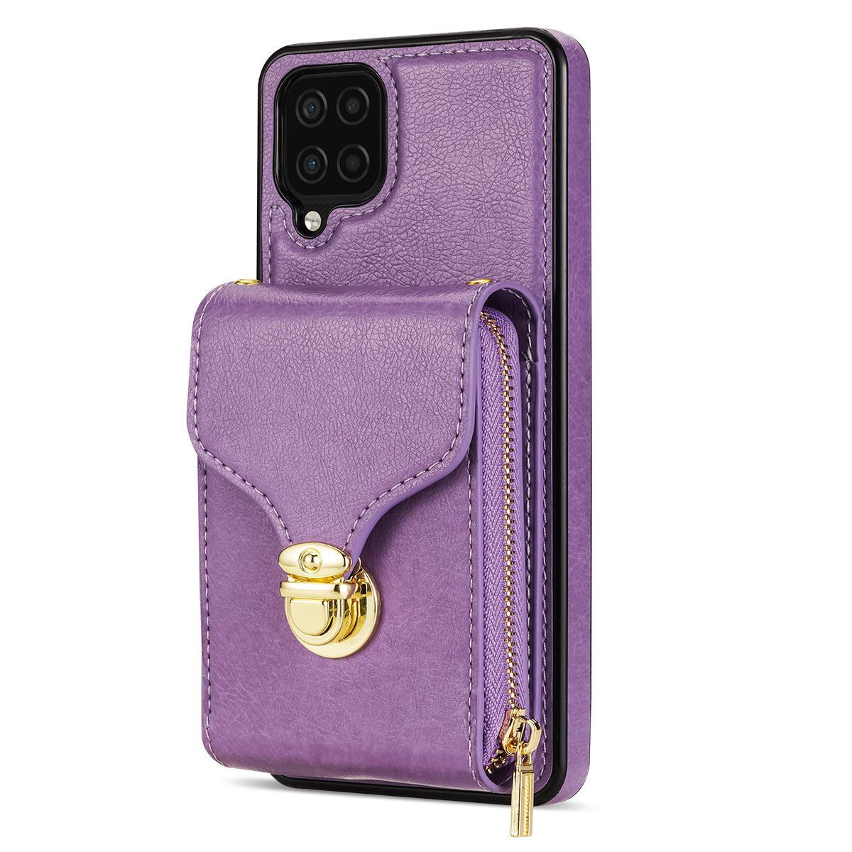 For Samsung Galaxy A12 Zipper Card Holder Bag Phone Case PU Leather Coated TPU Kickstand Cover