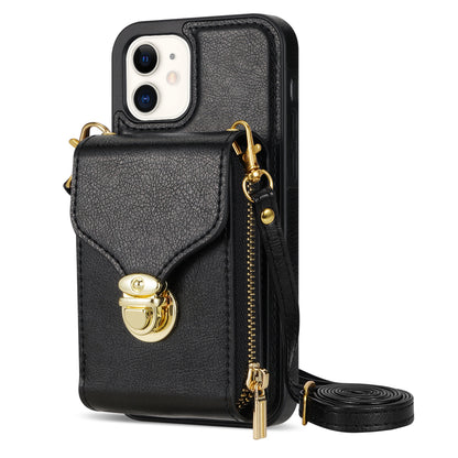 For iPhone 11 6.1 inch PU Leather Coated TPU Card Slot Phone Case Kickstand Crossbody Zipper Cover
