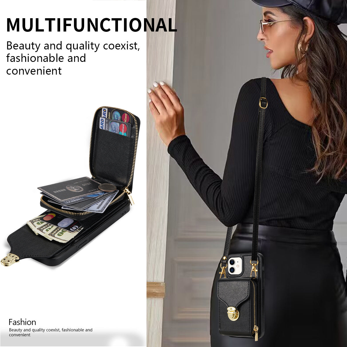 For iPhone 11 6.1 inch PU Leather Coated TPU Card Slot Phone Case Kickstand Crossbody Zipper Cover