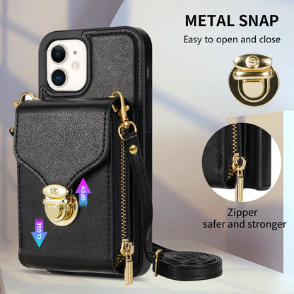 For iPhone 11 6.1 inch PU Leather Coated TPU Card Slot Phone Case Kickstand Crossbody Zipper Cover