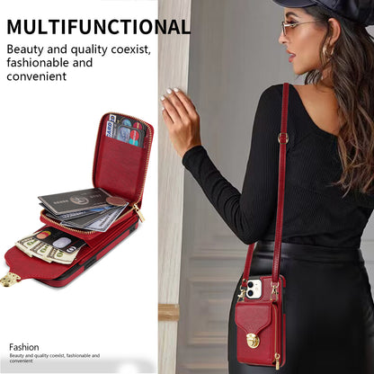 For iPhone 11 6.1 inch PU Leather Coated TPU Card Slot Phone Case Kickstand Crossbody Zipper Cover