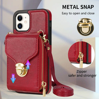 For iPhone 11 6.1 inch PU Leather Coated TPU Card Slot Phone Case Kickstand Crossbody Zipper Cover