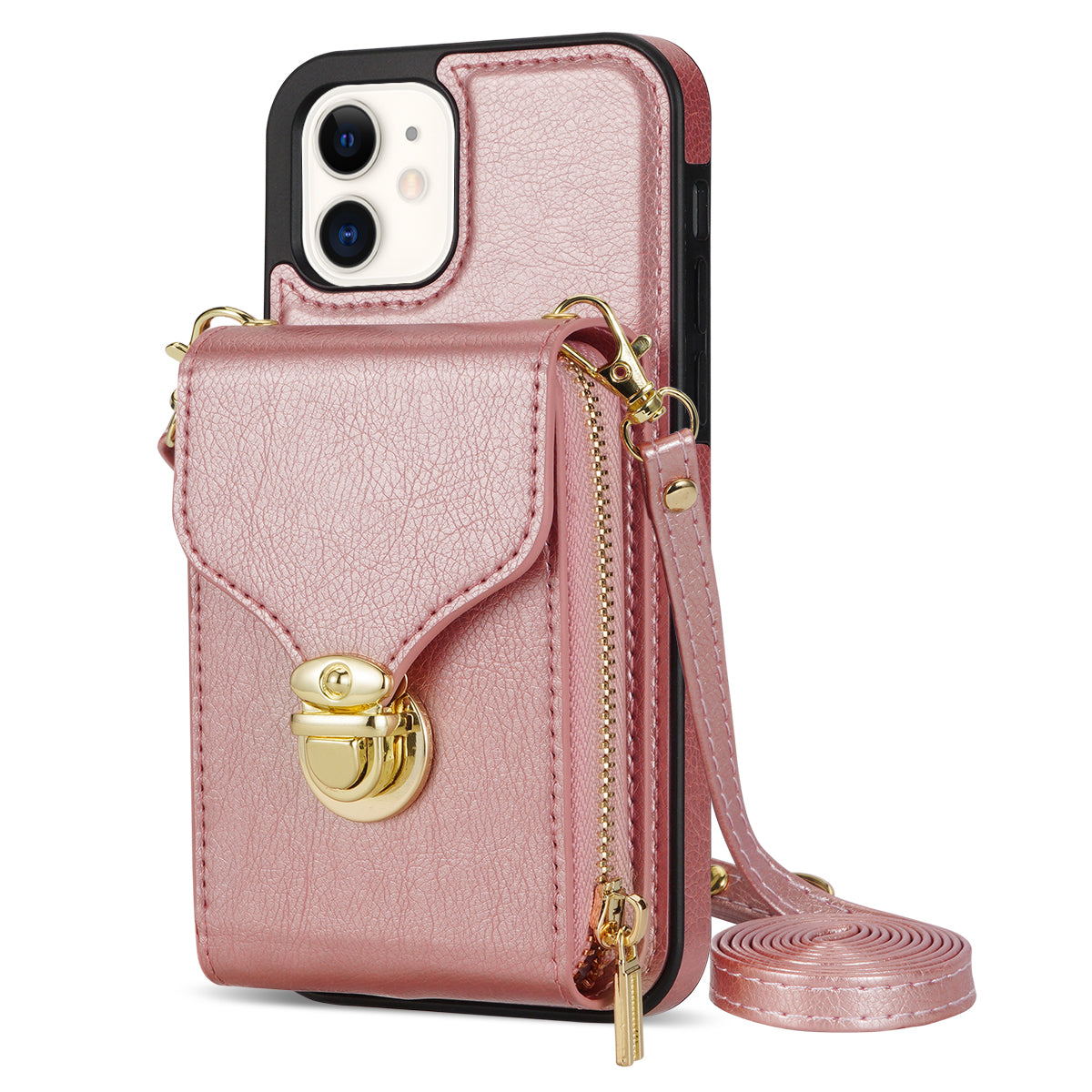 For iPhone 11 6.1 inch PU Leather Coated TPU Card Slot Phone Case Kickstand Crossbody Zipper Cover