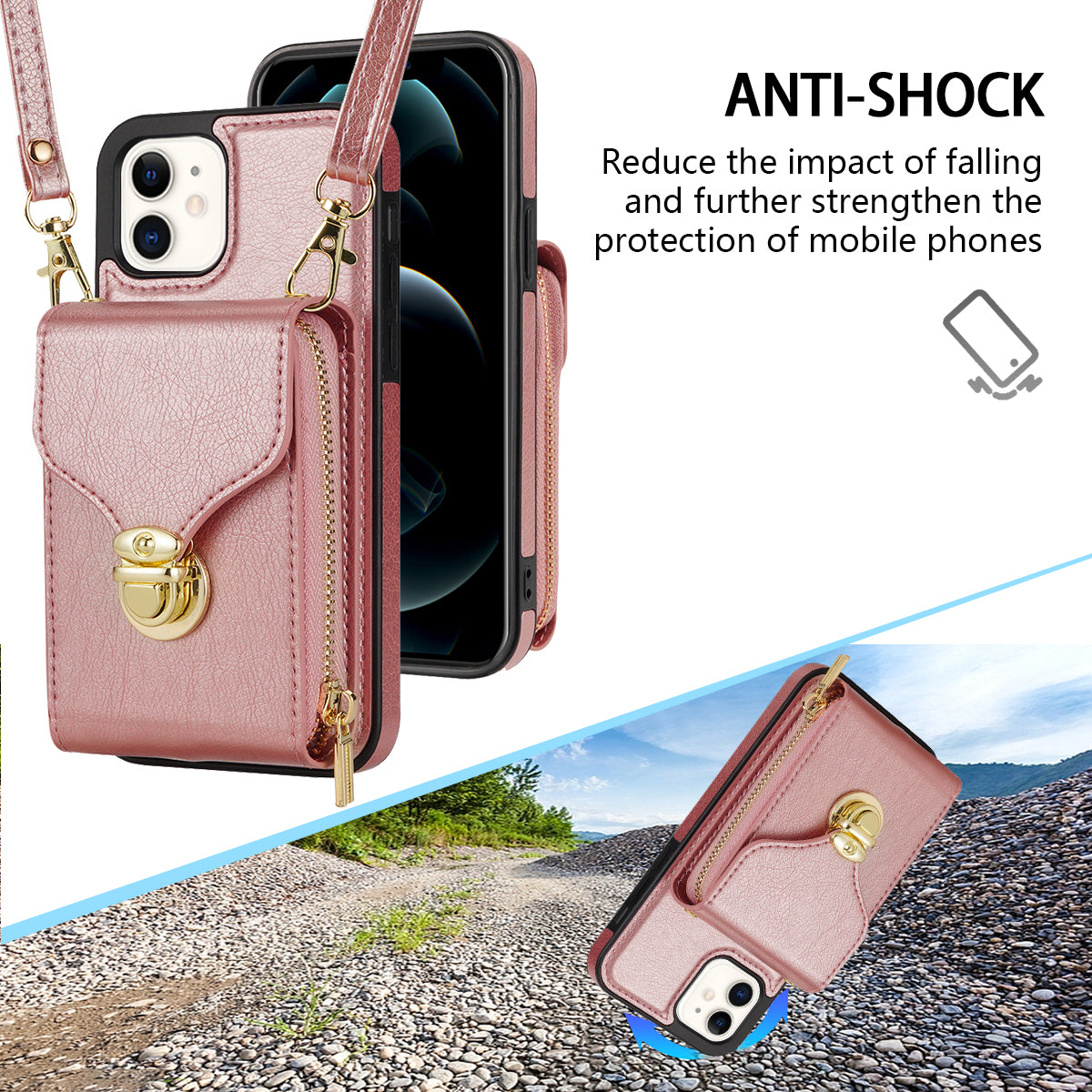 For iPhone 11 6.1 inch PU Leather Coated TPU Card Slot Phone Case Kickstand Crossbody Zipper Cover