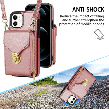 For iPhone 11 6.1 inch PU Leather Coated TPU Card Slot Phone Case Kickstand Crossbody Zipper Cover
