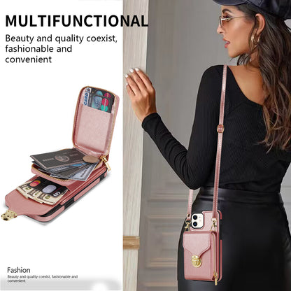 For iPhone 11 6.1 inch PU Leather Coated TPU Card Slot Phone Case Kickstand Crossbody Zipper Cover