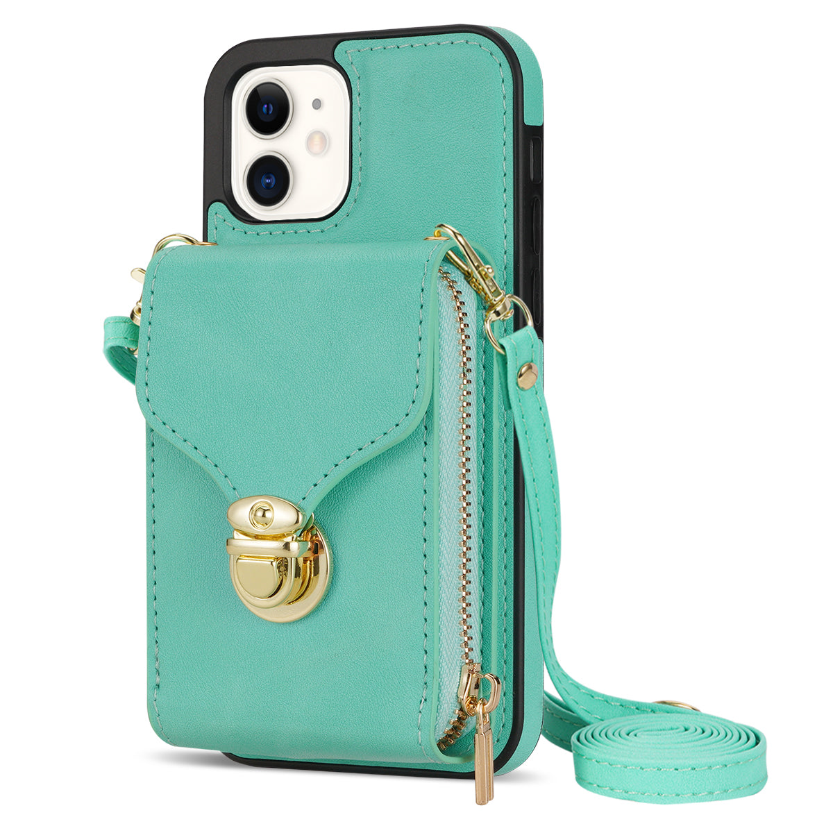 For iPhone 11 6.1 inch PU Leather Coated TPU Card Slot Phone Case Kickstand Crossbody Zipper Cover