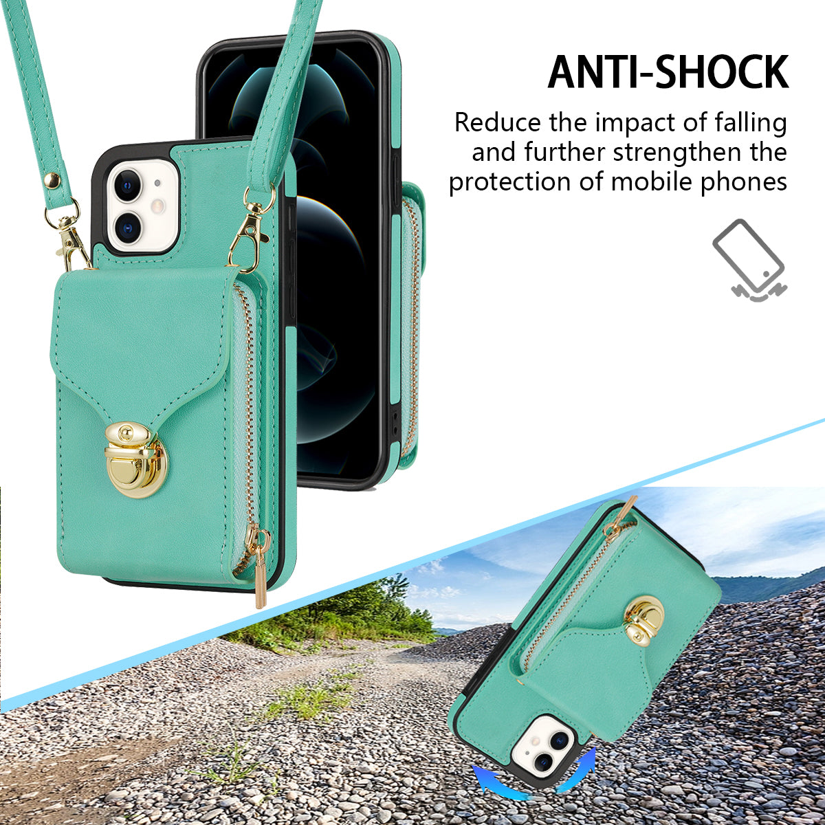 For iPhone 11 6.1 inch PU Leather Coated TPU Card Slot Phone Case Kickstand Crossbody Zipper Cover