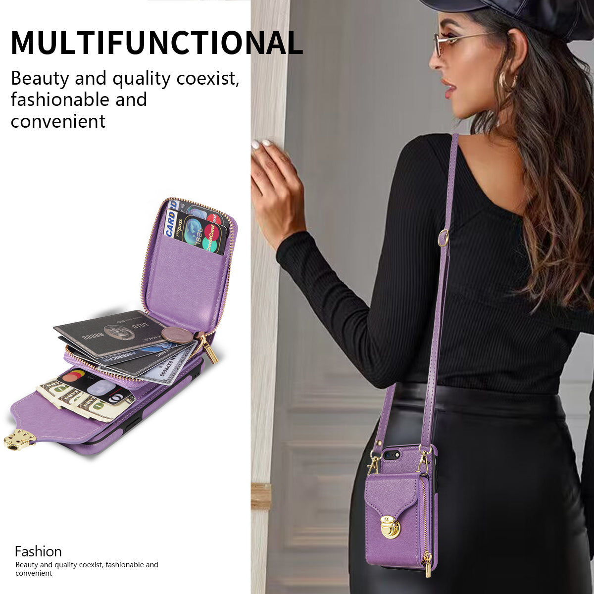 Crossbody Zipper Phone Case for iPhone 7  / 8 4.7 inch / SE (2020) / SE (2022) , PU Leather Coated TPU Card Slot Kickstand Cover