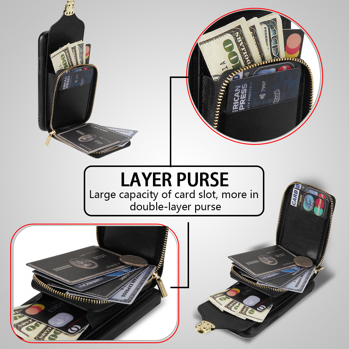 Crossbody Zipper Phone Case for iPhone 7  / 8 4.7 inch / SE (2020) / SE (2022) , PU Leather Coated TPU Card Slot Kickstand Cover