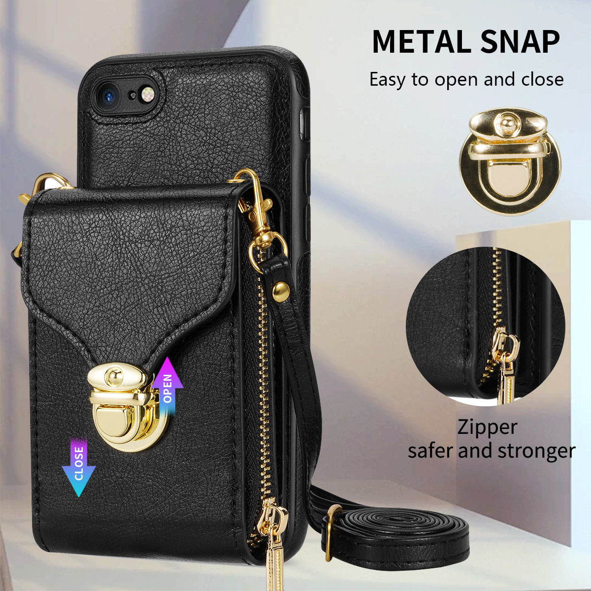 Crossbody Zipper Phone Case for iPhone 7  / 8 4.7 inch / SE (2020) / SE (2022) , PU Leather Coated TPU Card Slot Kickstand Cover