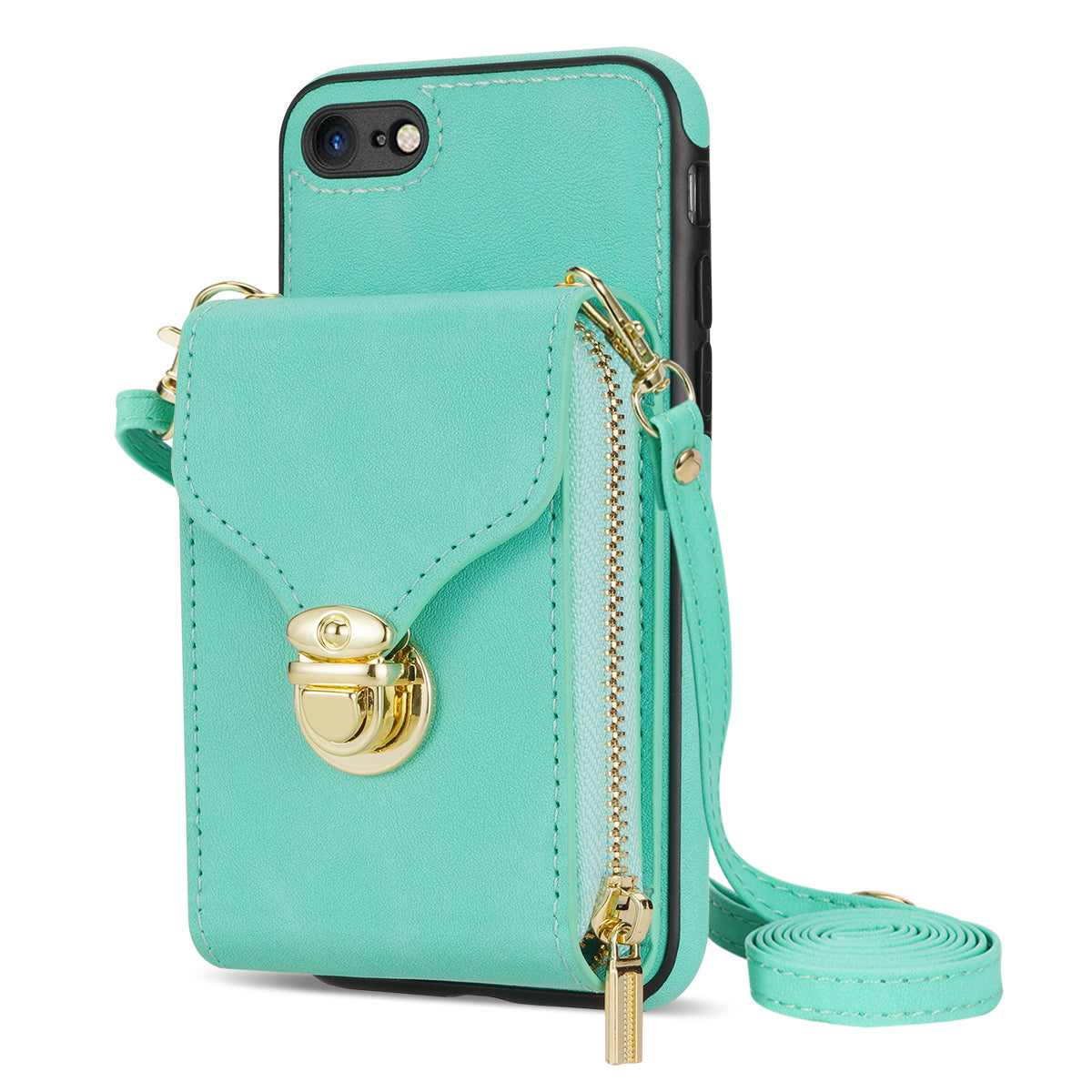 Crossbody Zipper Phone Case for iPhone 7  / 8 4.7 inch / SE (2020) / SE (2022) , PU Leather Coated TPU Card Slot Kickstand Cover