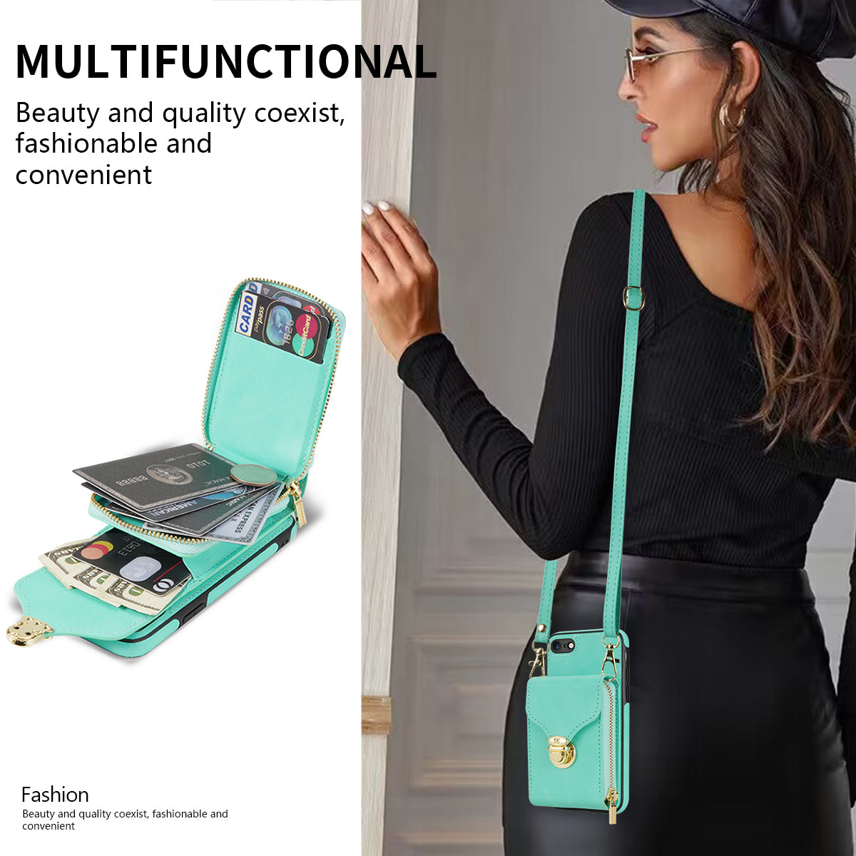 Crossbody Zipper Phone Case for iPhone 7  / 8 4.7 inch / SE (2020) / SE (2022) , PU Leather Coated TPU Card Slot Kickstand Cover