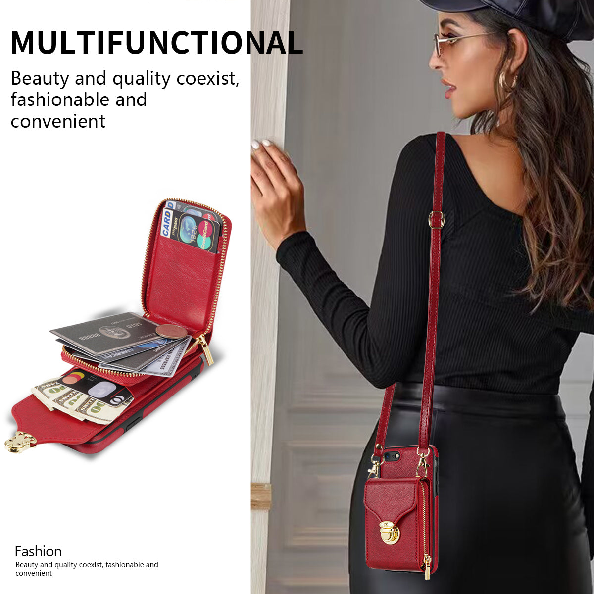 Crossbody Zipper Phone Case for iPhone 7  / 8 4.7 inch / SE (2020) / SE (2022) , PU Leather Coated TPU Card Slot Kickstand Cover