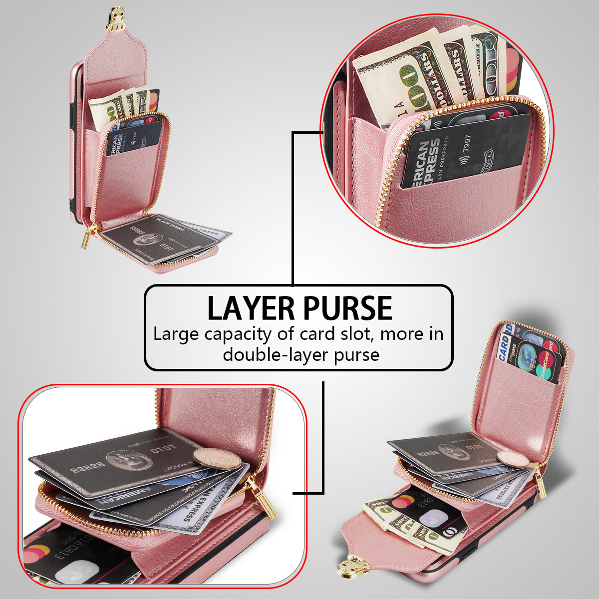 Crossbody Zipper Phone Case for iPhone 7  / 8 4.7 inch / SE (2020) / SE (2022) , PU Leather Coated TPU Card Slot Kickstand Cover