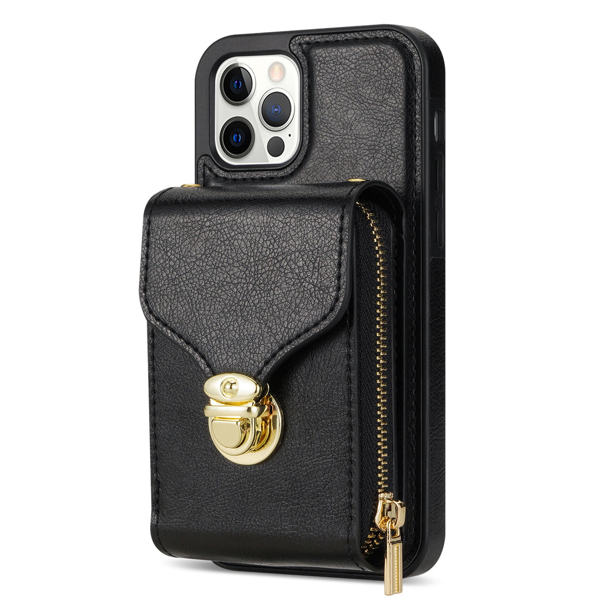 For iPhone 12 Pro Max 6.7 inch Leather Coated TPU Kickstand Case Zipper Card Holder Pouch Phone Cover