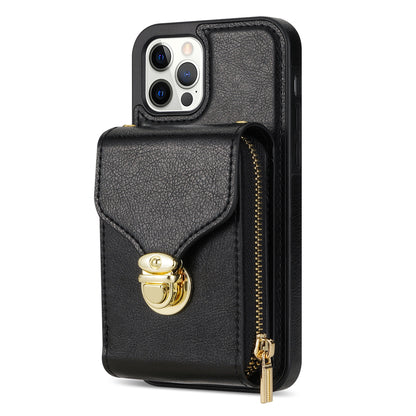 For iPhone 12 Pro Max 6.7 inch Leather Coated TPU Kickstand Case Zipper Card Holder Pouch Phone Cover