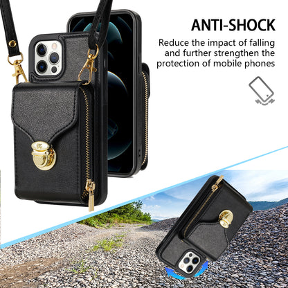 For iPhone 12 Pro Max 6.7 inch Leather Coated TPU Kickstand Case Zipper Card Holder Pouch Phone Cover