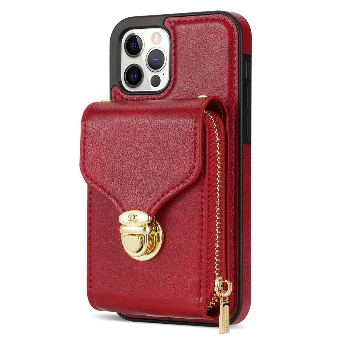 For iPhone 12 Pro Max 6.7 inch Leather Coated TPU Kickstand Case Zipper Card Holder Pouch Phone Cover