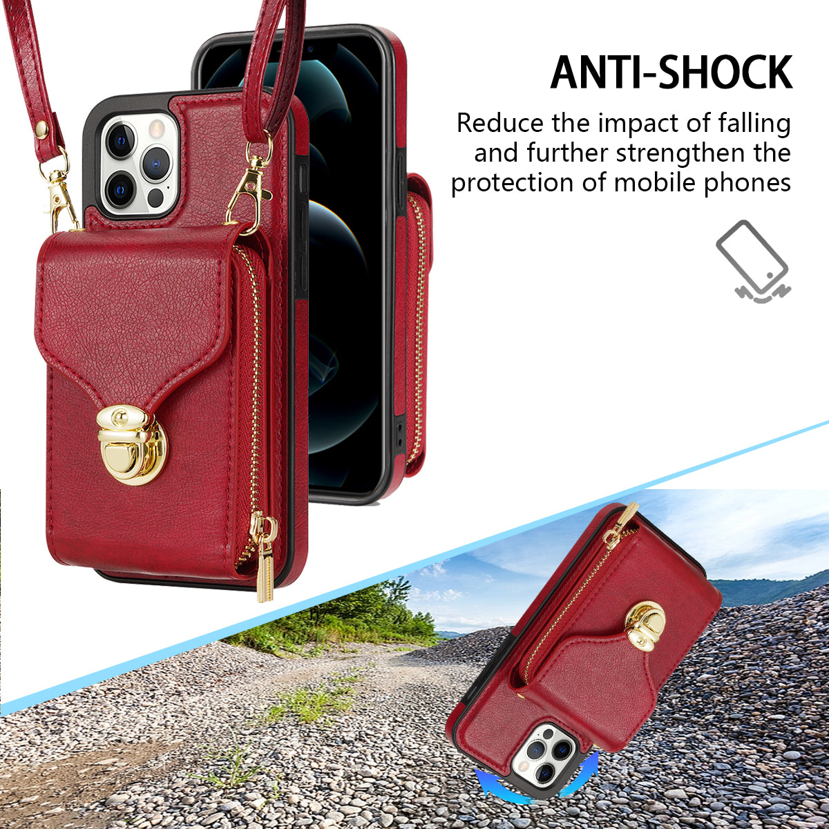 For iPhone 12 Pro Max 6.7 inch Leather Coated TPU Kickstand Case Zipper Card Holder Pouch Phone Cover