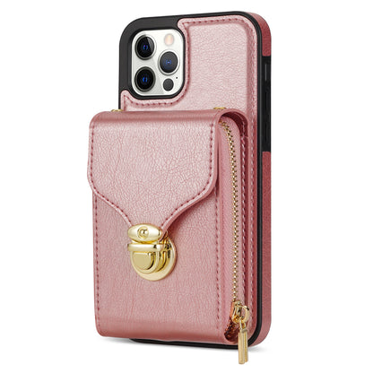 For iPhone 12 Pro Max 6.7 inch Leather Coated TPU Kickstand Case Zipper Card Holder Pouch Phone Cover