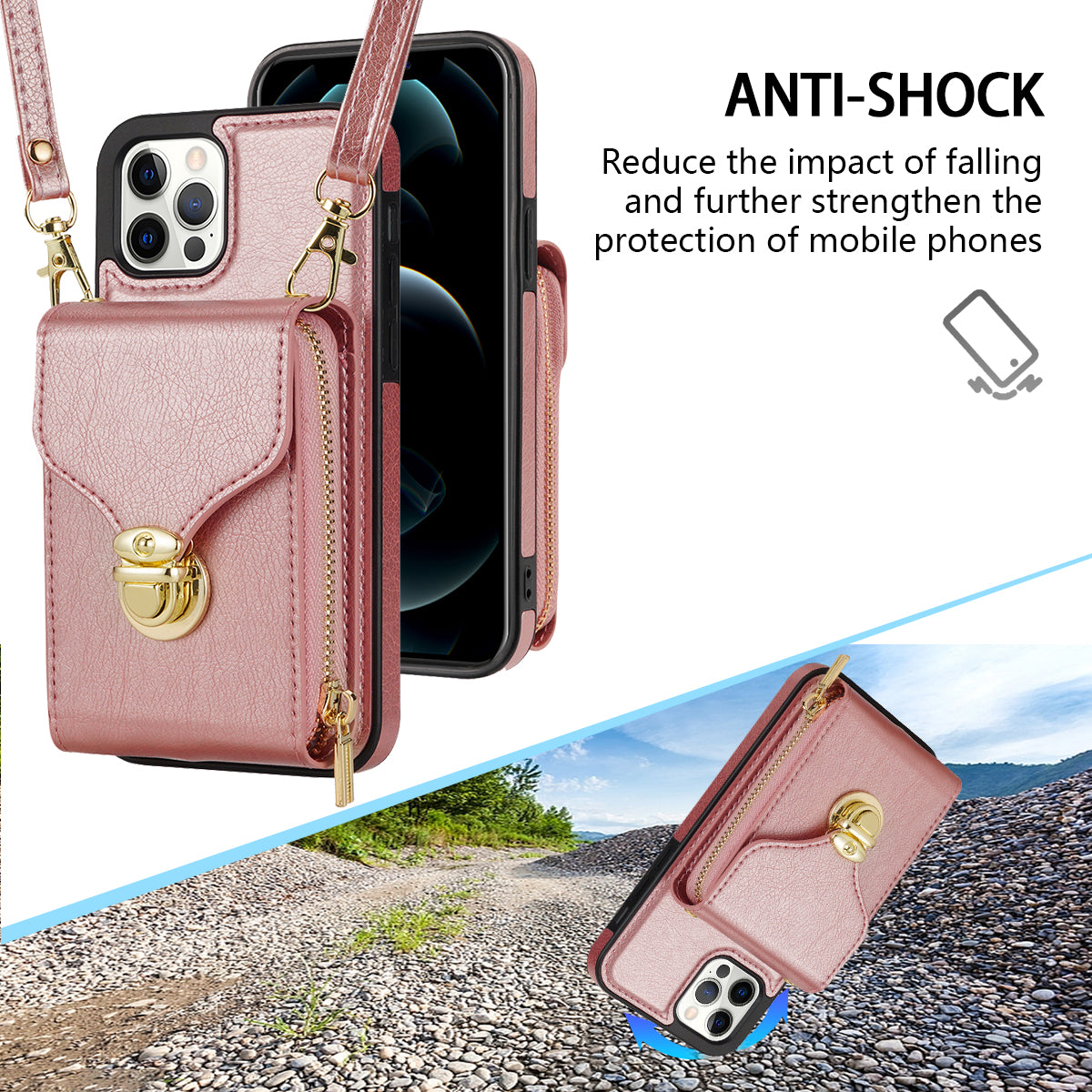 For iPhone 12 Pro Max 6.7 inch Leather Coated TPU Kickstand Case Zipper Card Holder Pouch Phone Cover