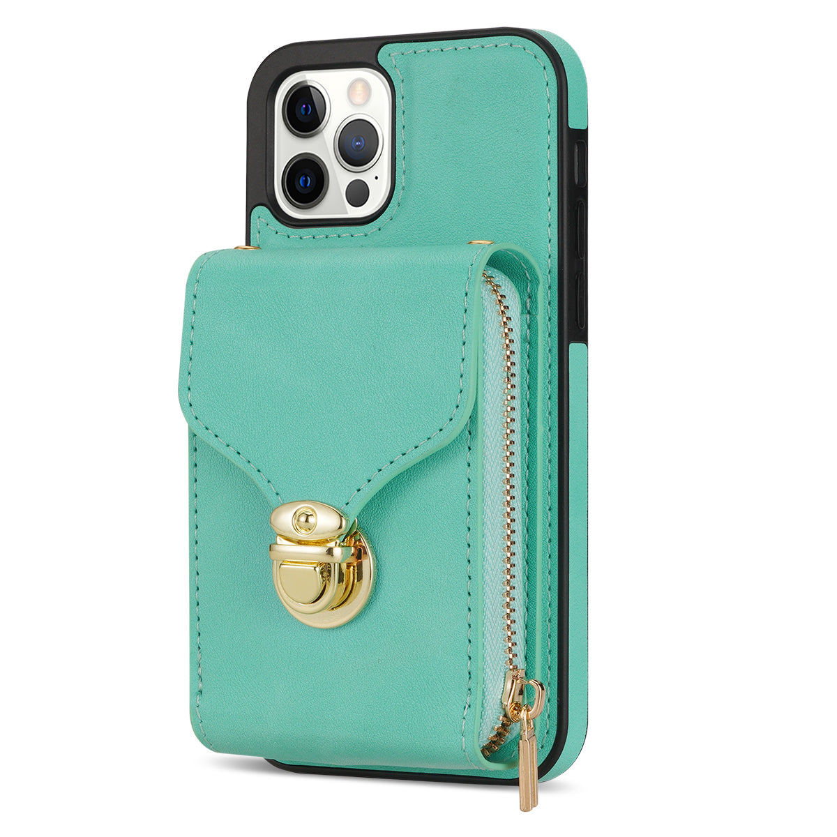 For iPhone 12 Pro Max 6.7 inch Leather Coated TPU Kickstand Case Zipper Card Holder Pouch Phone Cover