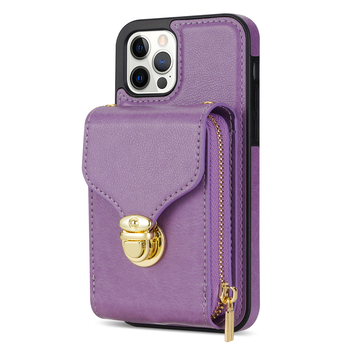 For iPhone 12 Pro Max 6.7 inch Leather Coated TPU Kickstand Case Zipper Card Holder Pouch Phone Cover