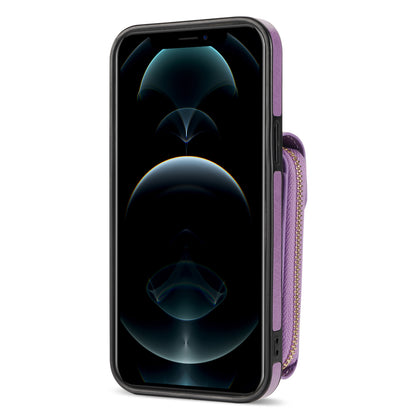 For iPhone 12 Pro Max 6.7 inch Leather Coated TPU Kickstand Case Zipper Card Holder Pouch Phone Cover