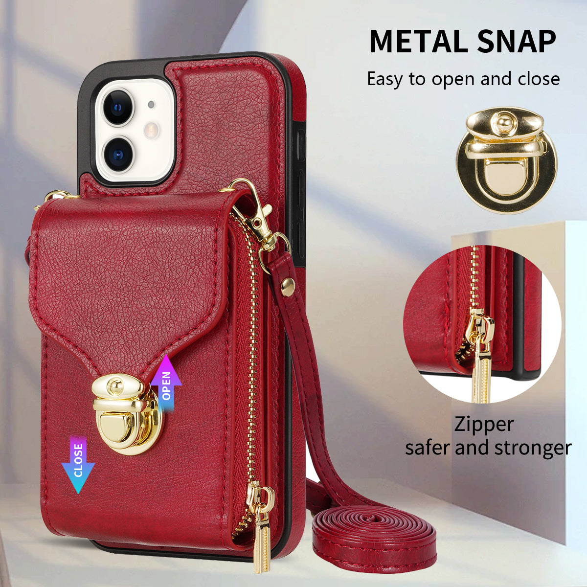 Zipper Phone Cover for iPhone 12 / 12 Pro 6.1 inch , PU Leather Coated TPU Card Holder Kickstand Case