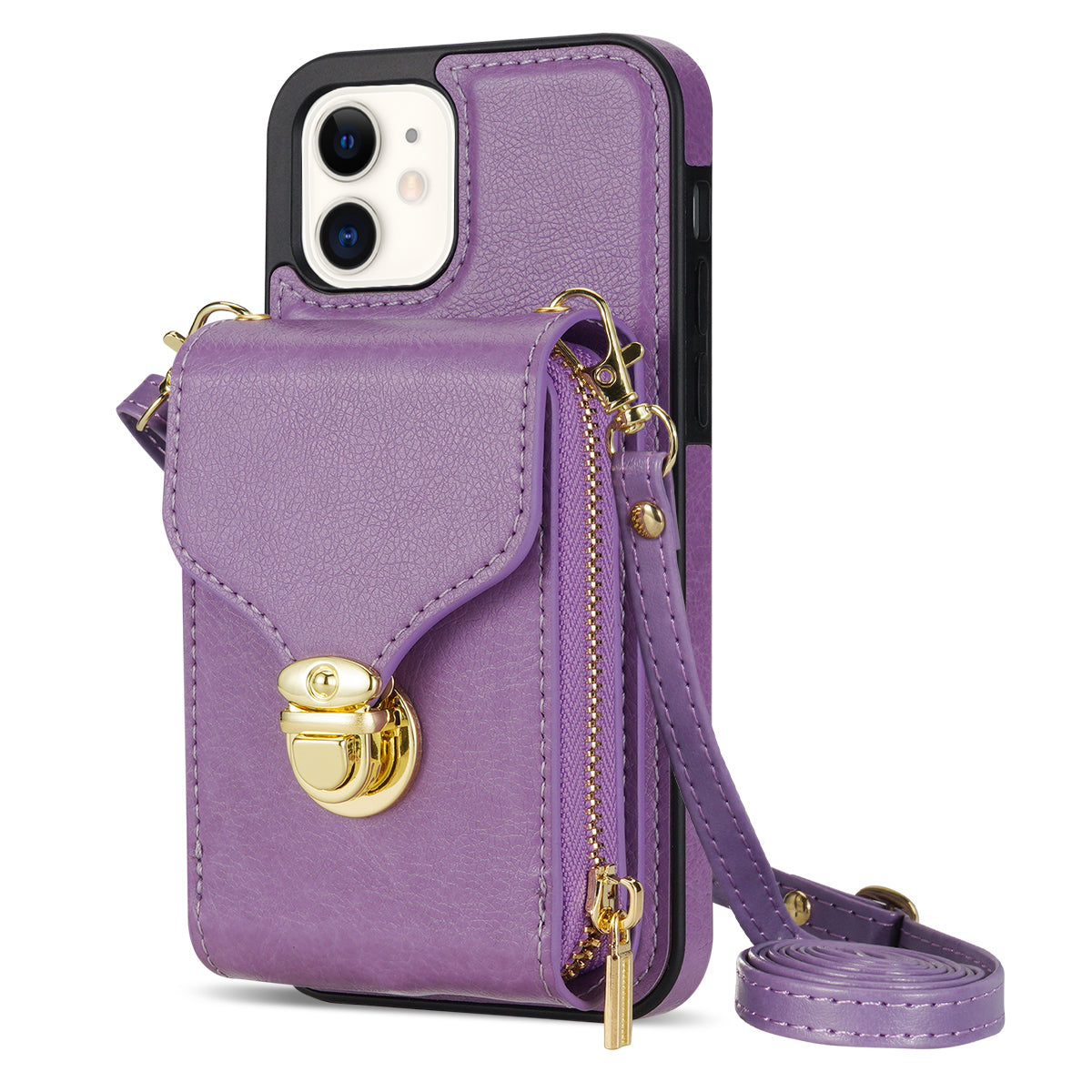 Zipper Phone Cover for iPhone 12 / 12 Pro 6.1 inch , PU Leather Coated TPU Card Holder Kickstand Case