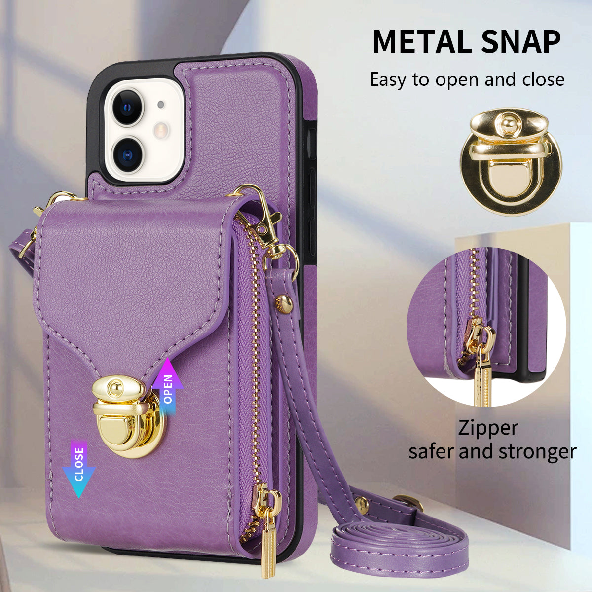 Zipper Phone Cover for iPhone 12 / 12 Pro 6.1 inch , PU Leather Coated TPU Card Holder Kickstand Case